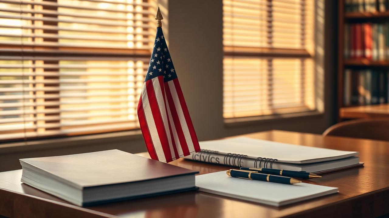 A small American flag beside a civics study booklet and notebook on a library table in warm afternoon light