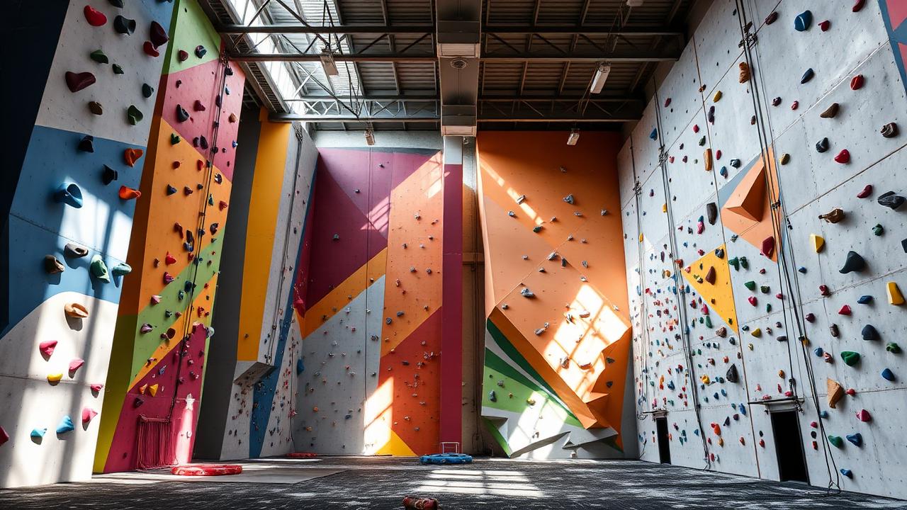 Interior of a modern indoor rock climbing gym with tall colorful bouldering walls and crash pads