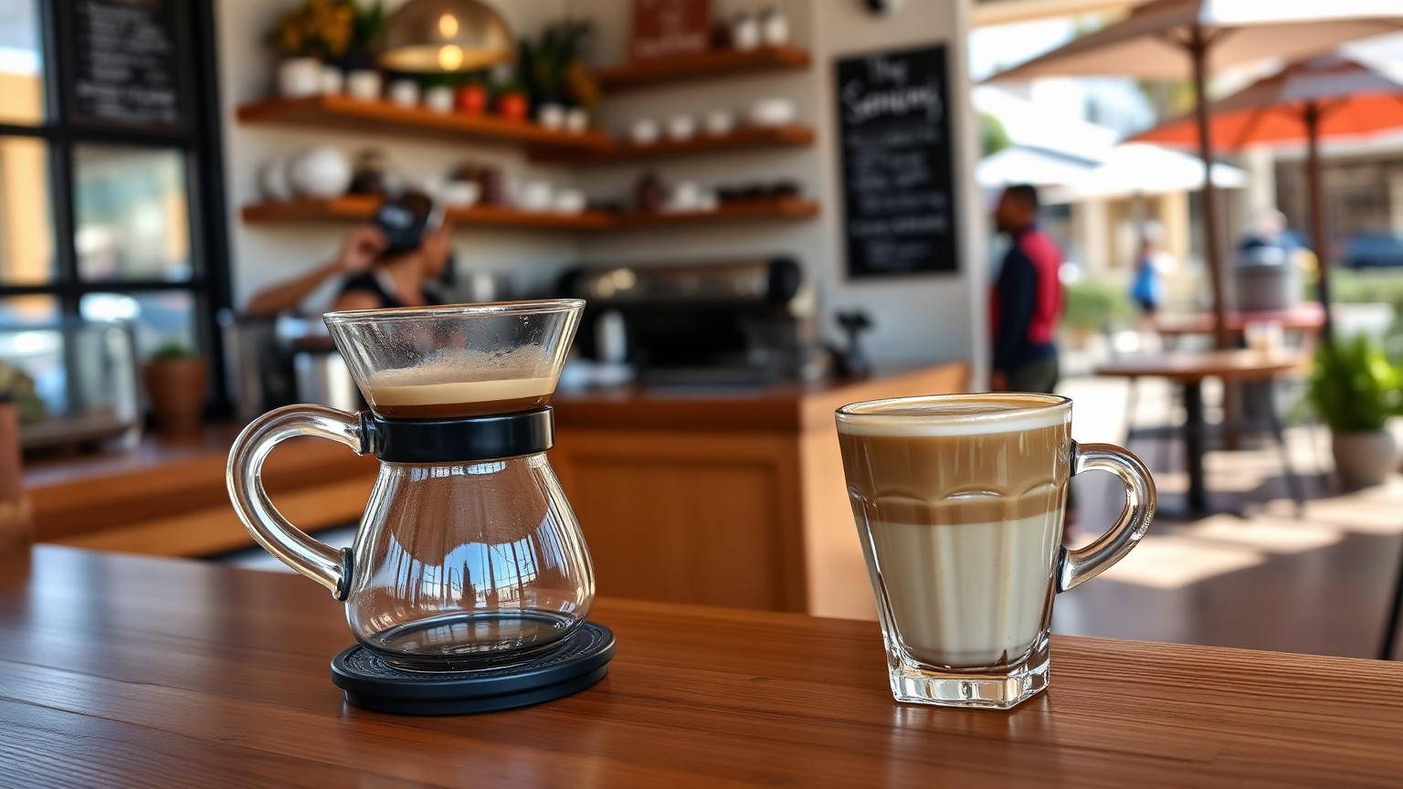 Pour-over carafe and a latte on a wooden counter at a bright San Diego specialty coffee shop