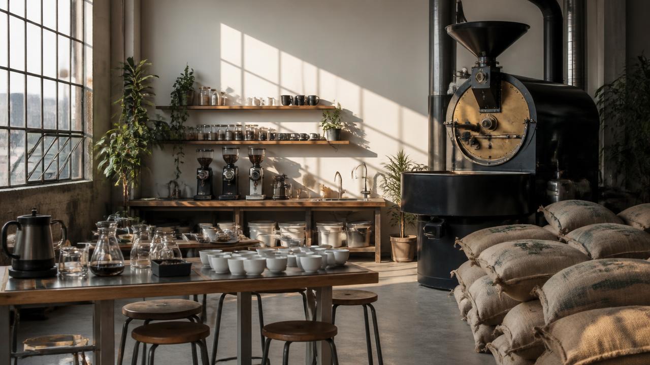 San Diego coffee roastery interior with a drum roaster, burlap bean sacks, pour-over bar and cupping table in morning light