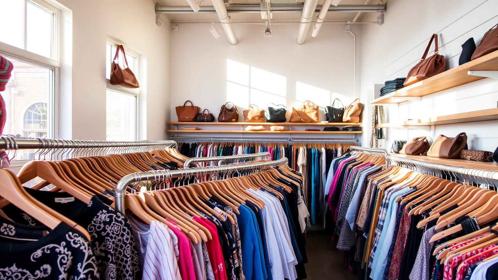 Bright San Diego consignment boutique with curated racks of secondhand clothing on wooden hangers and designer handbags on shelves