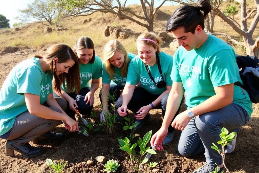 Corporate volunteer team planting native plants at a San Diego park restoration project