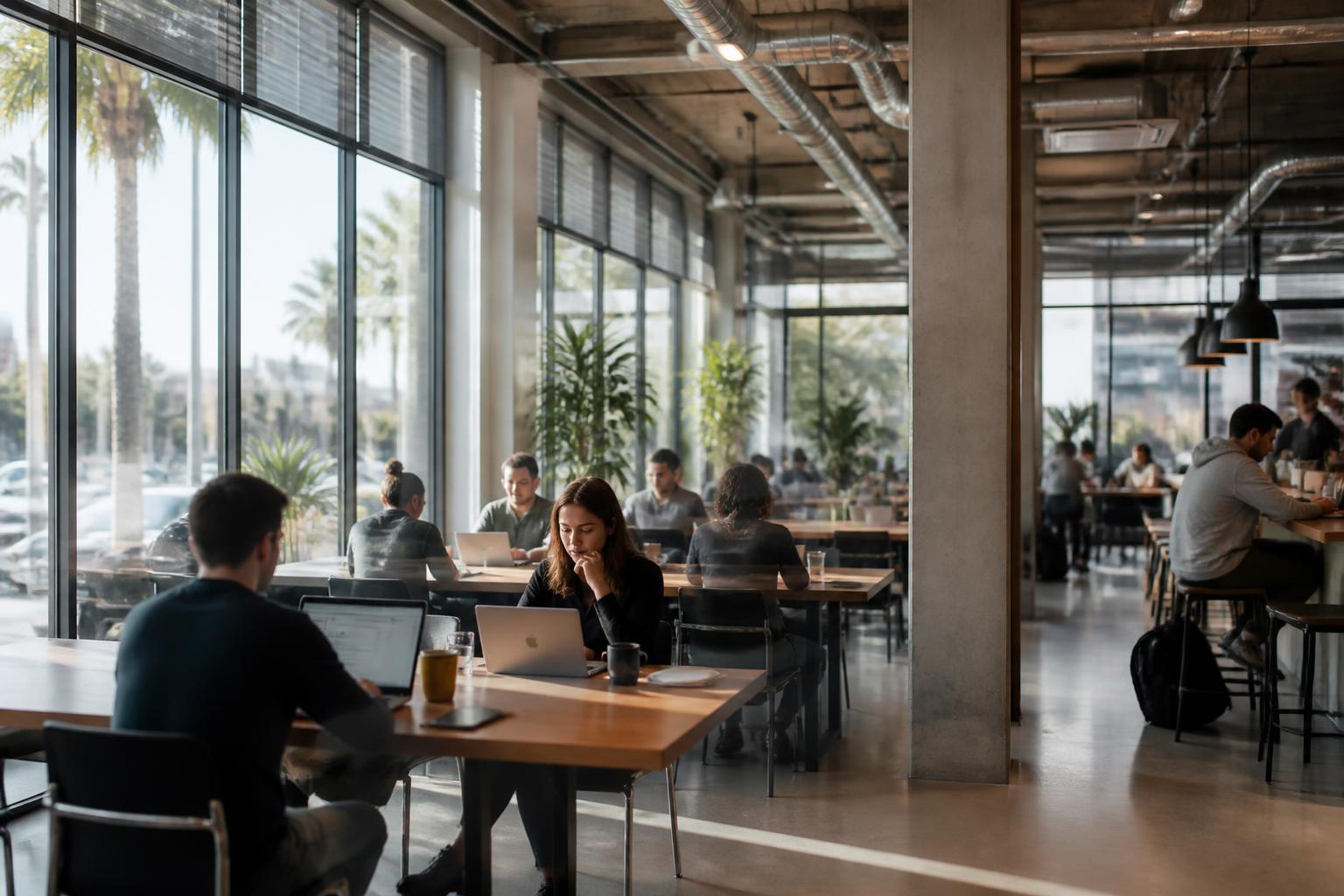 Modern coworking space in San Diego with professionals working on laptops at shared tables near large windows