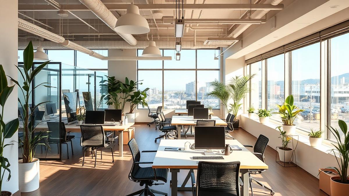 Bright San Diego coworking space with open desks, glass-walled private office pods and plants