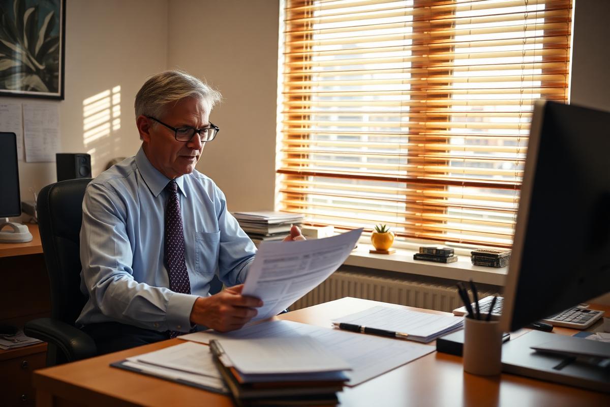 Accountant reviewing tax documents at a desk in a small office with sunlight through window blinds