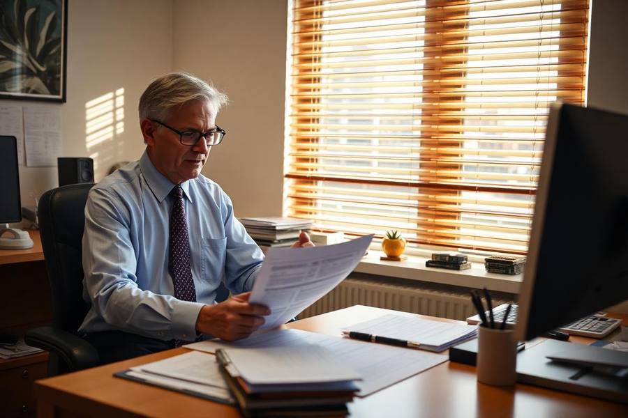Accountant reviewing tax documents at a desk in a small office with sunlight through window blinds