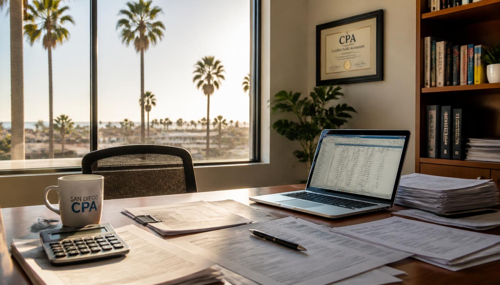 A San Diego accountant's desk with tax documents, a calculator and a laptop, palm trees visible through a sunlit office window