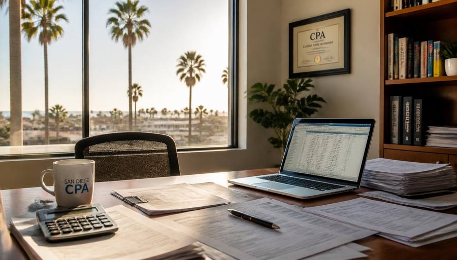 A San Diego accountant's desk with tax documents, a calculator and a laptop, palm trees visible through a sunlit office window