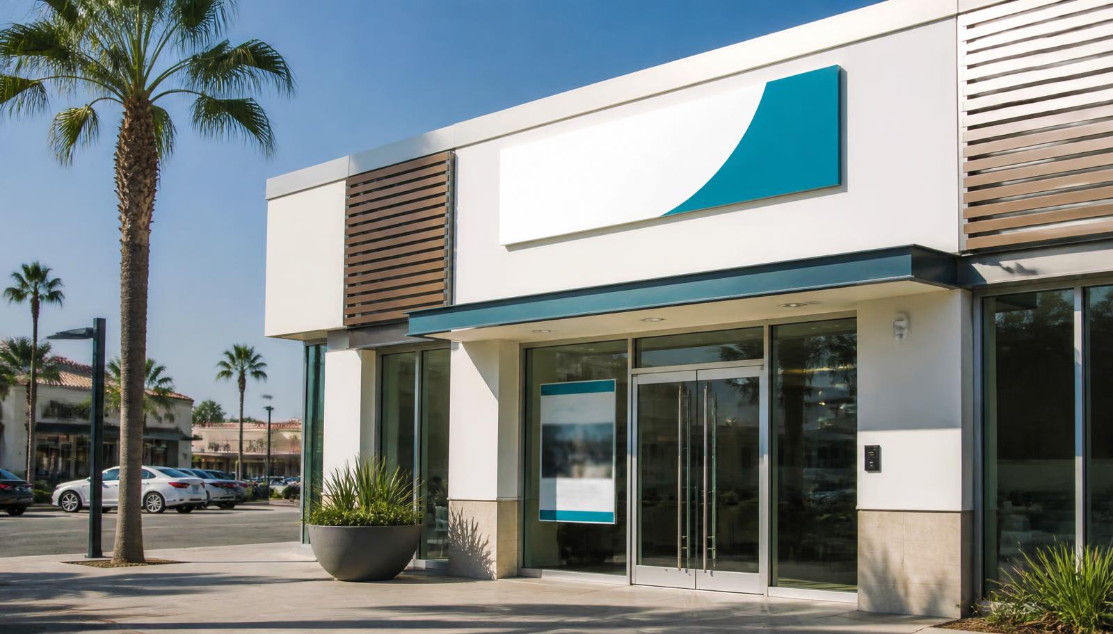 A modern neighborhood credit union branch on a sunny Southern California street lined with palm trees