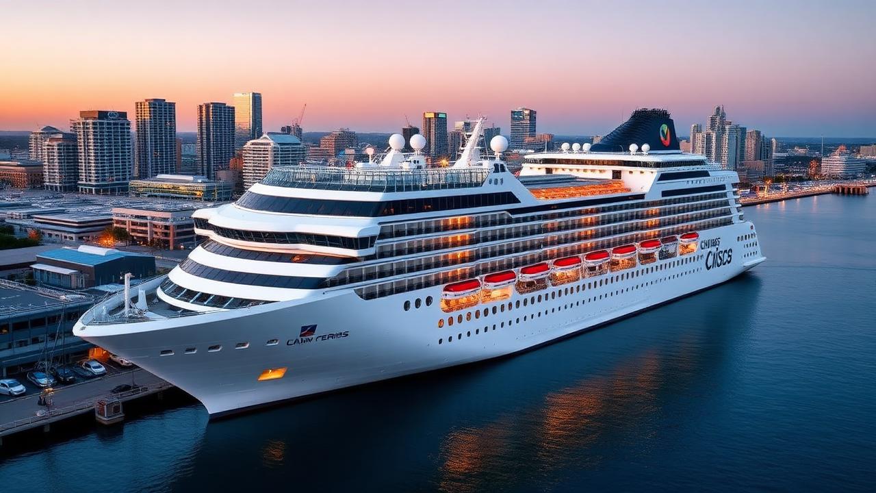Cruise ship docked at the San Diego waterfront terminal at dusk with the downtown skyline behind