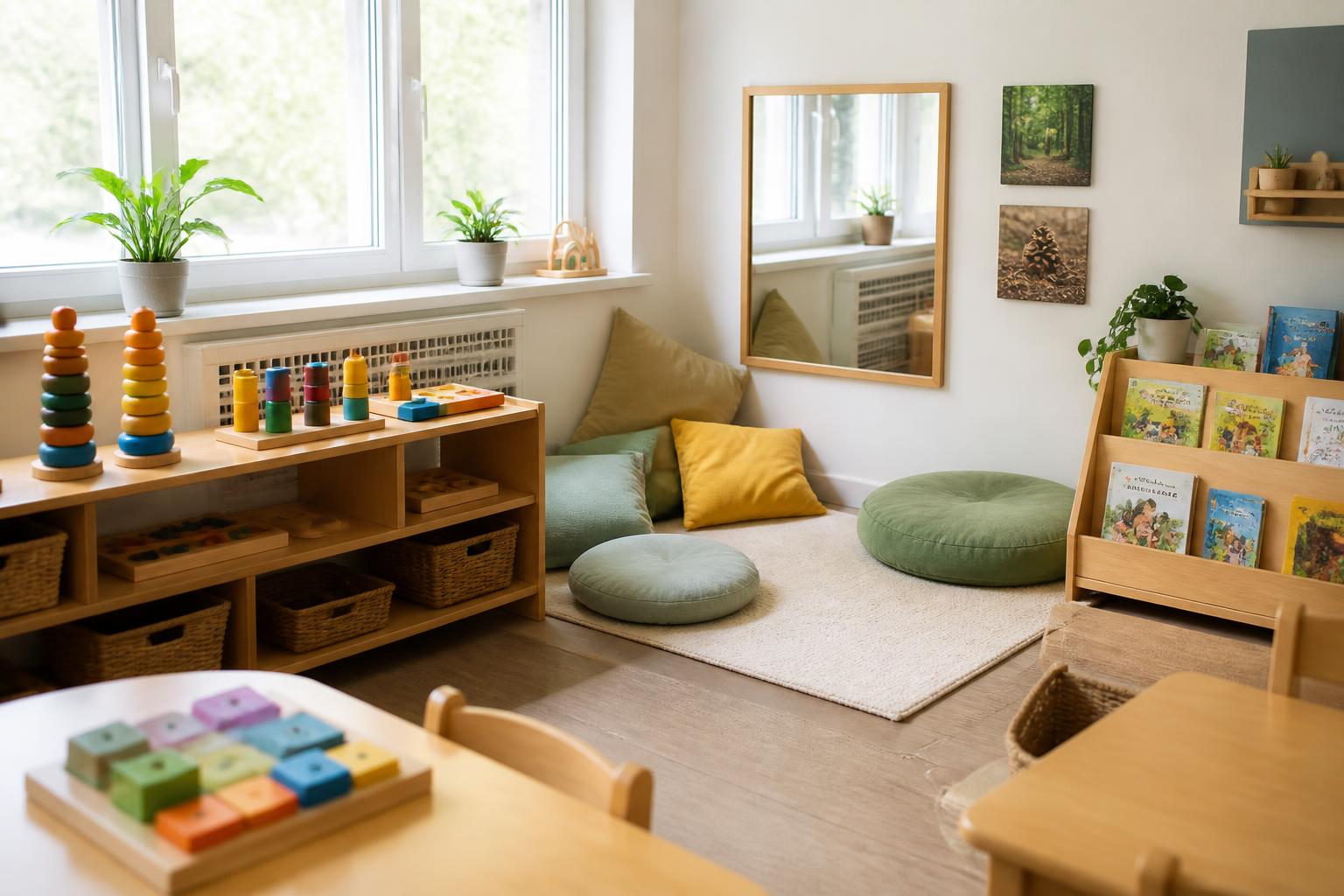 Bright preschool classroom corner with low wooden shelves, stacking toys, floor cushions and a reading nook