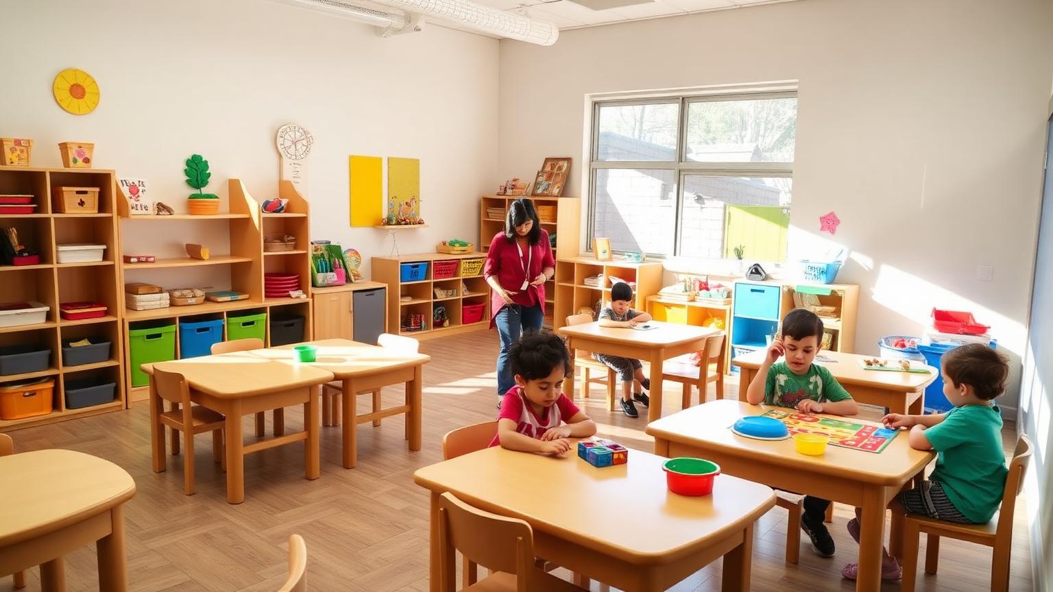 Bright San Diego preschool classroom with young children at low wooden tables and a teacher assisting