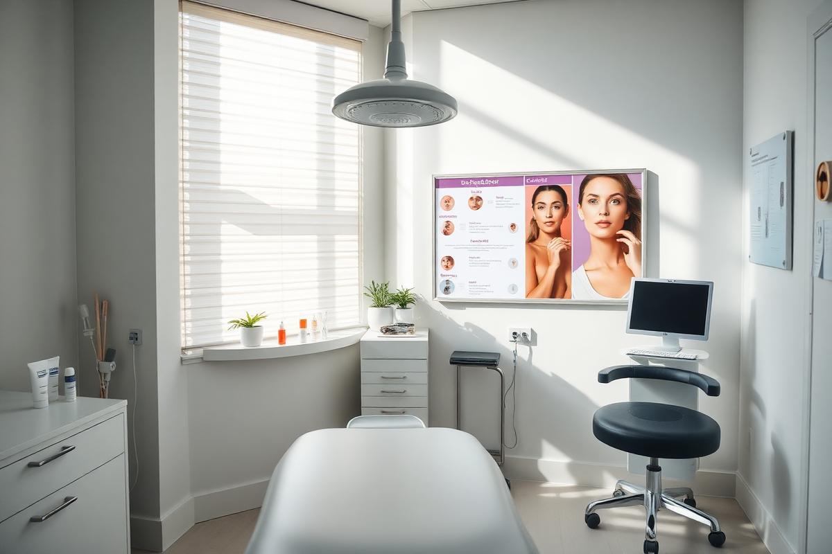 Dermatologist examining a patient's skin with a dermatoscope in a bright clinical exam room