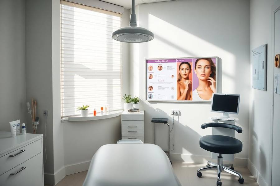 Dermatologist examining a patient's skin with a dermatoscope in a bright clinical exam room