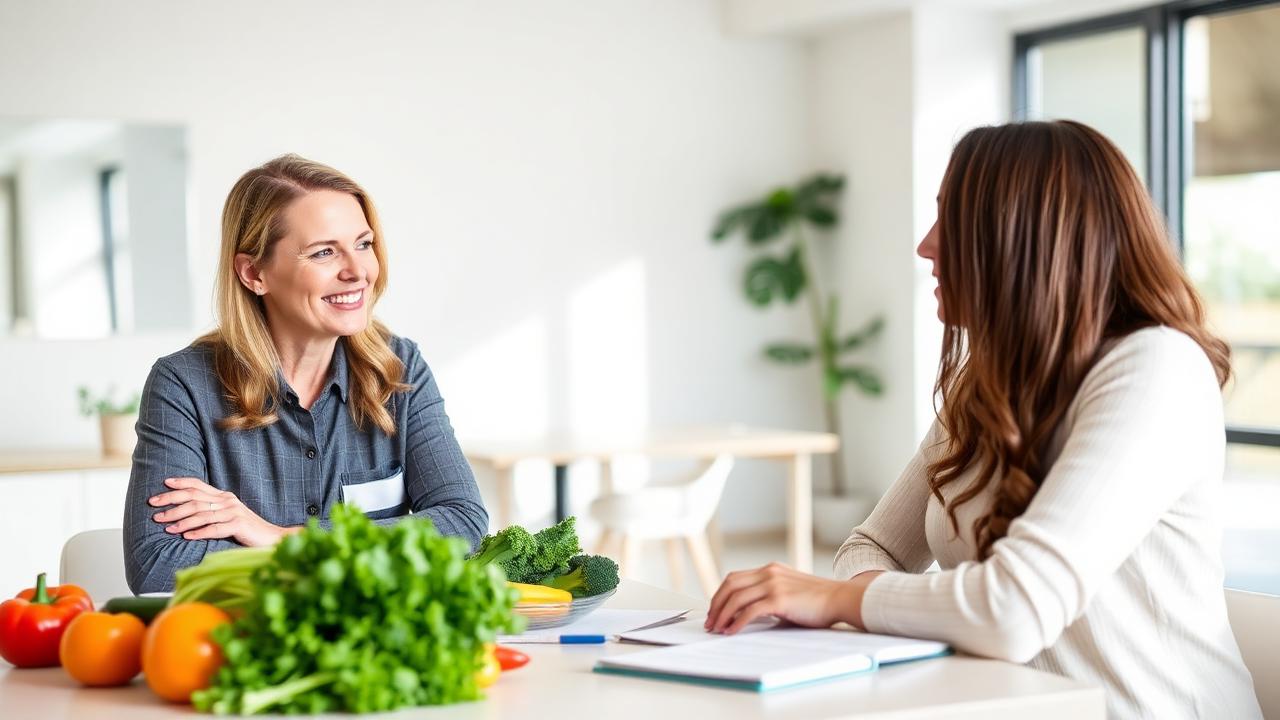 Registered dietitian meeting with a client at a table with fresh vegetables and a written meal plan in San Diego
