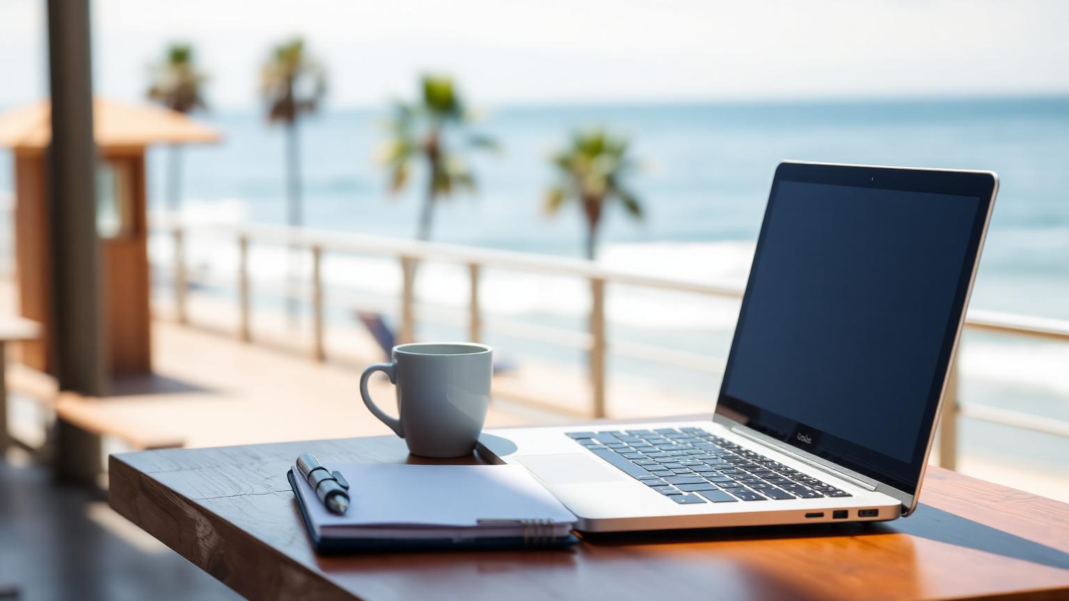 Laptop, notebook and coffee cup on a wooden table at a San Diego beachfront cafe with palm trees and the Pacific Ocean blurred behind