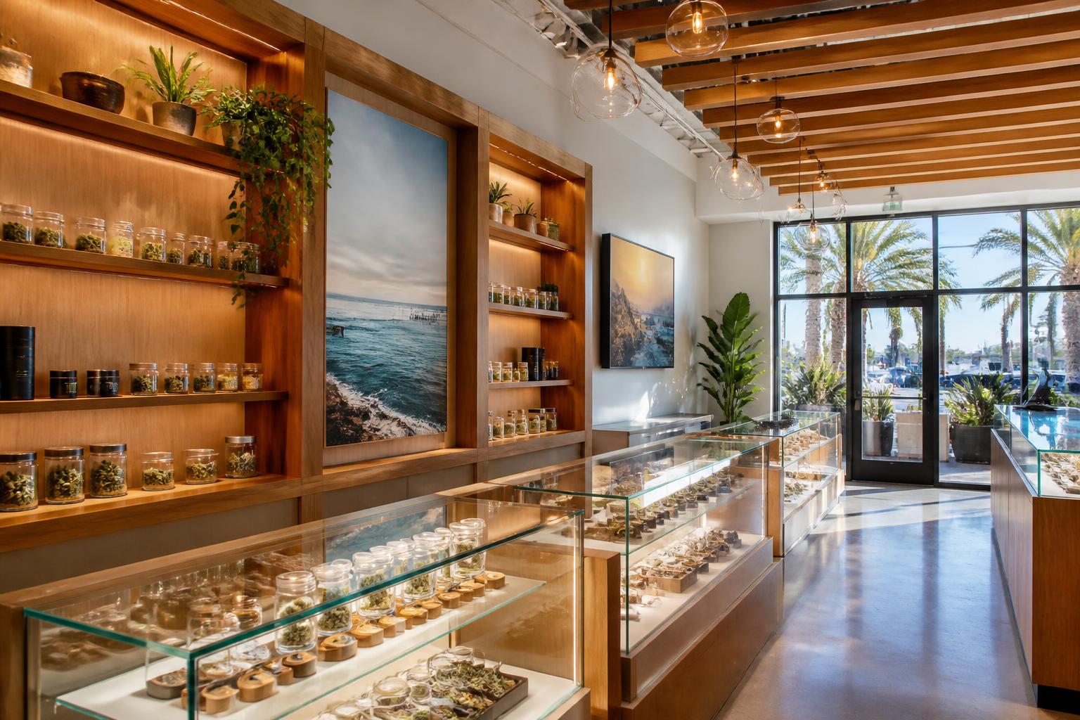 Interior of a modern licensed San Diego cannabis dispensary with wood shelving and glass display cases