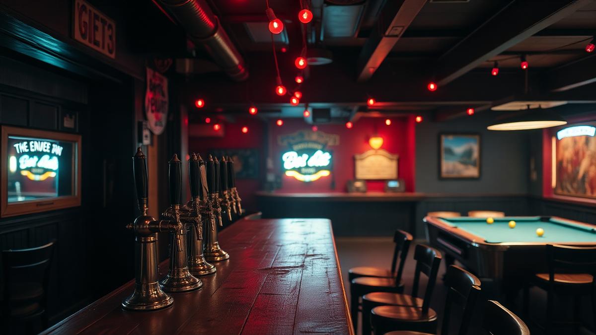Dimly lit classic dive bar interior in San Diego with a worn wooden bar and beer taps