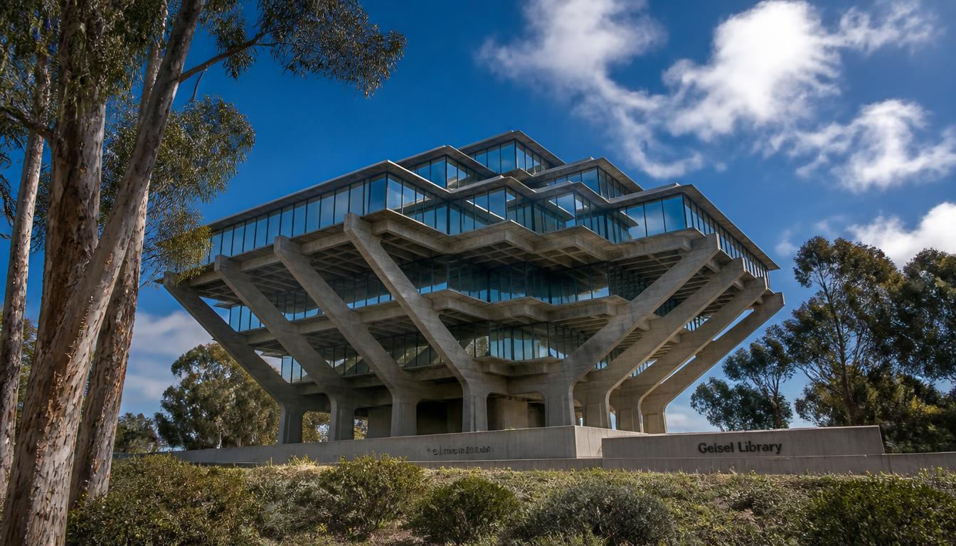 The Brutalist concrete and glass Geisel Library at UC San Diego framed by eucalyptus trees under a bright blue sky
