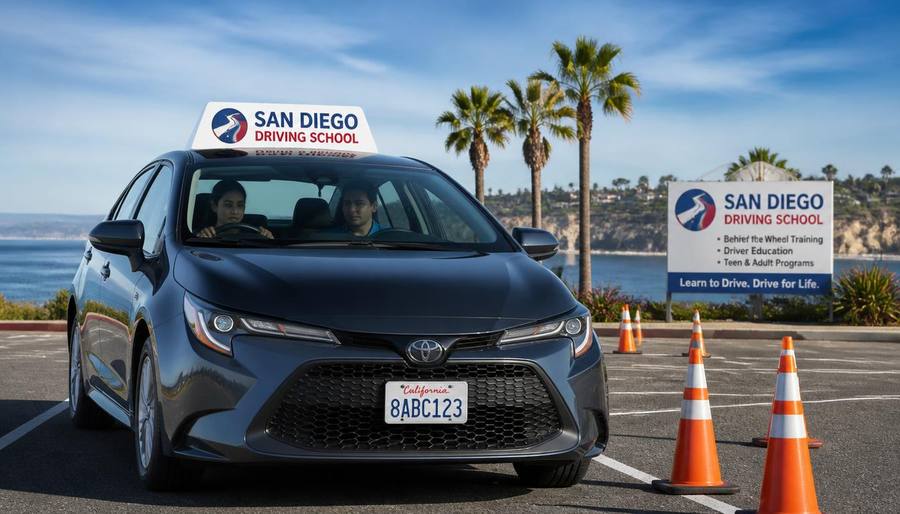 A driving school car with student and instructor practicing on a coastal San Diego lot with cones