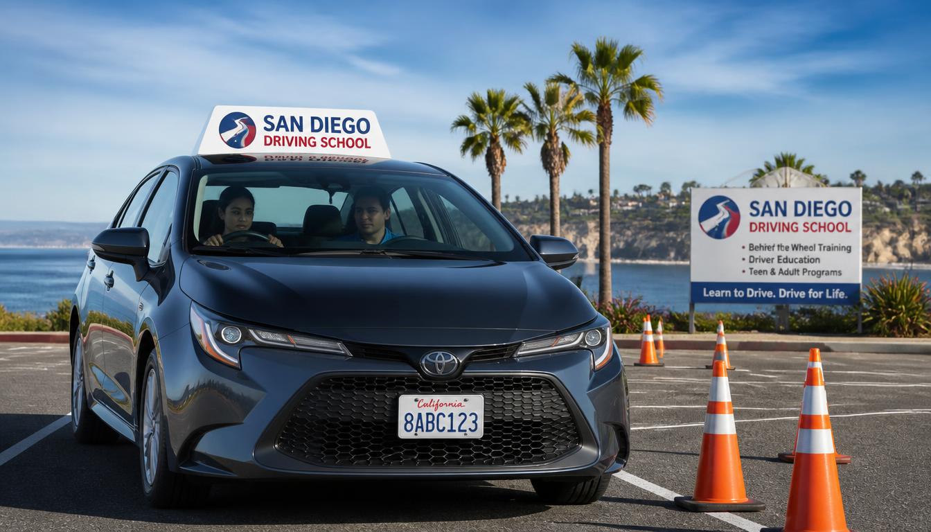 A driving school car with student and instructor practicing on a coastal San Diego lot with cones