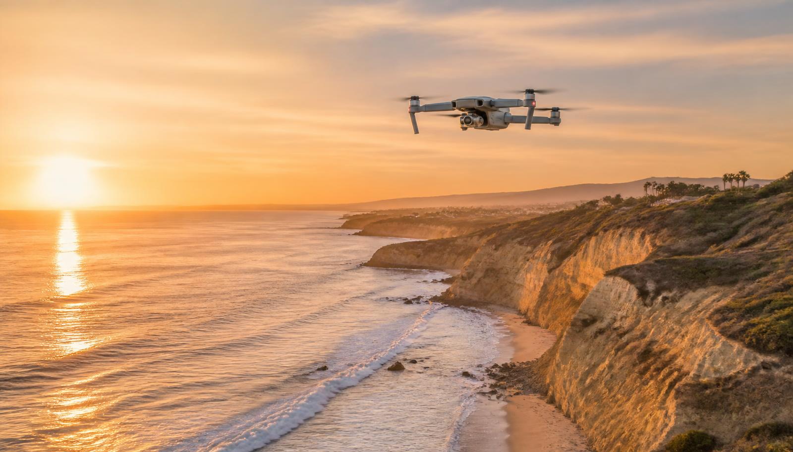 A camera drone hovering above the Southern California coastline at sunset with cliffs and surf below