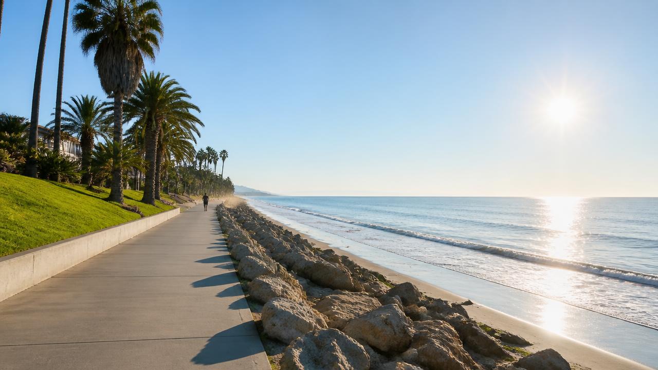 Sunny January morning on a Southern California coastal boardwalk with palm trees and calm ocean
