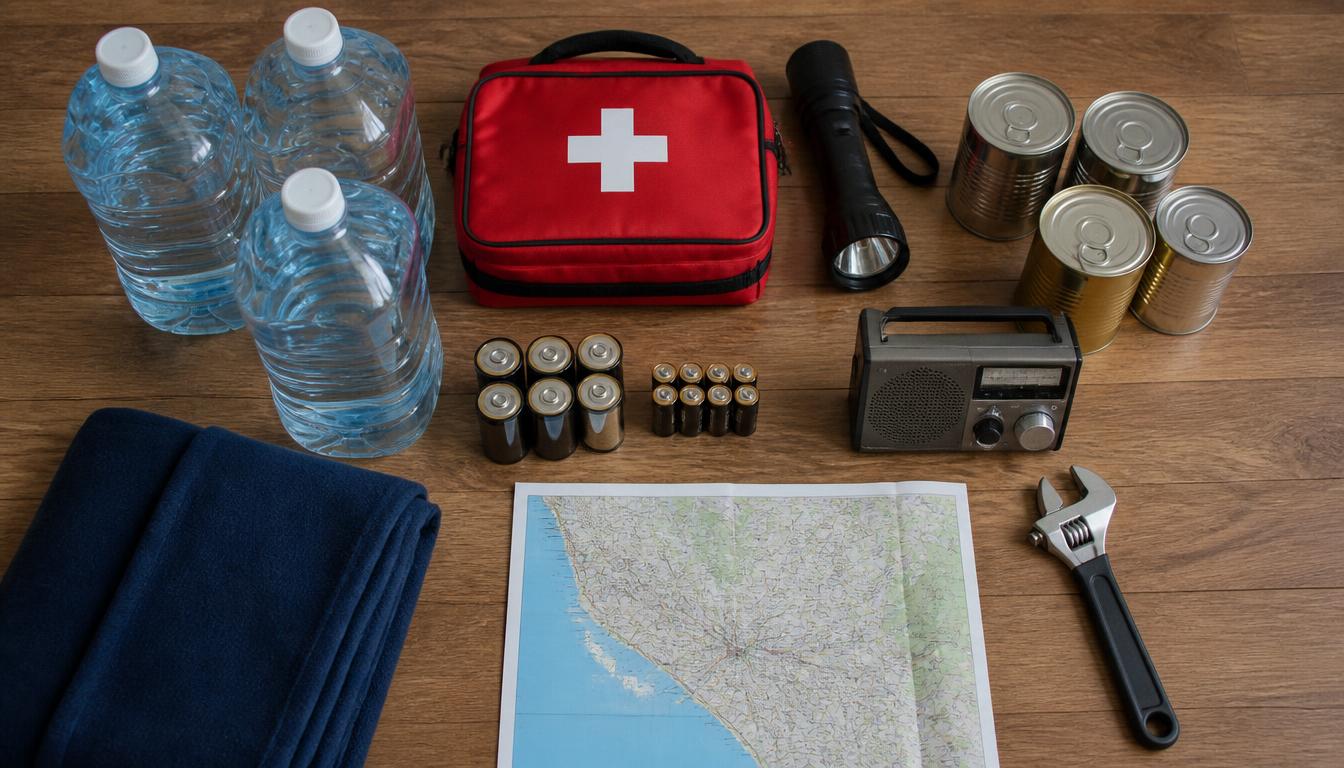 Flat lay of an earthquake preparedness kit with water jugs, first-aid bag, flashlight, canned food, batteries, radio, blanket, map, and wrench