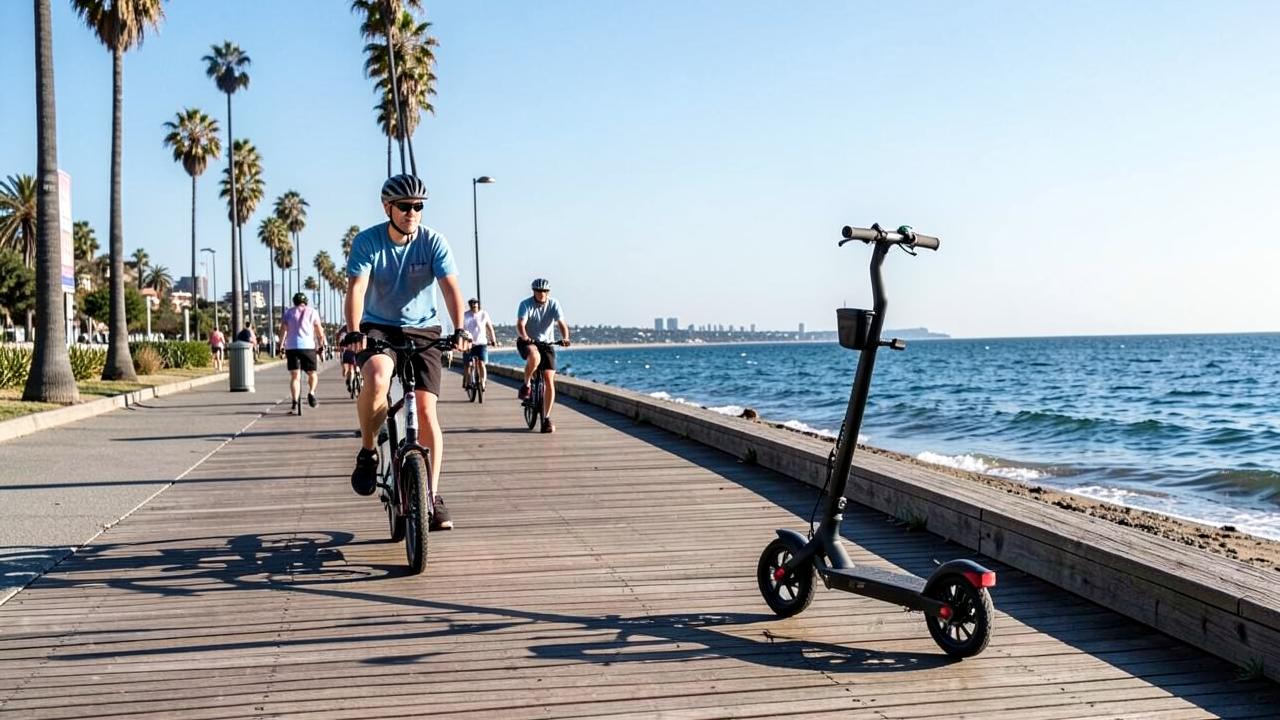 Cyclists riding electric bikes along a San Diego beach boardwalk with a parked electric scooter beside the path