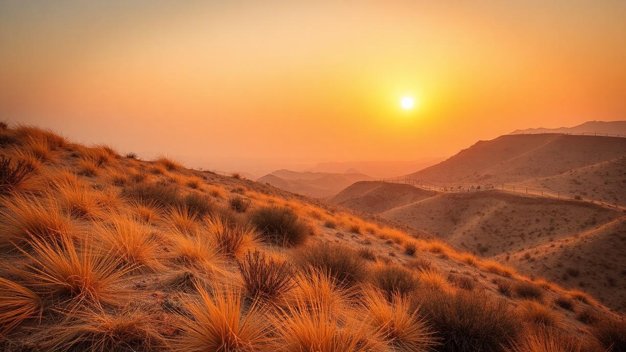 Dry golden San Diego backcountry hillsides under a hazy orange sky during Santa Ana wind conditions