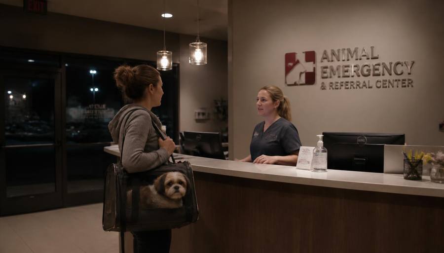 A pet owner holding a small dog in a carrier at the reception desk of a San Diego emergency animal hospital at night