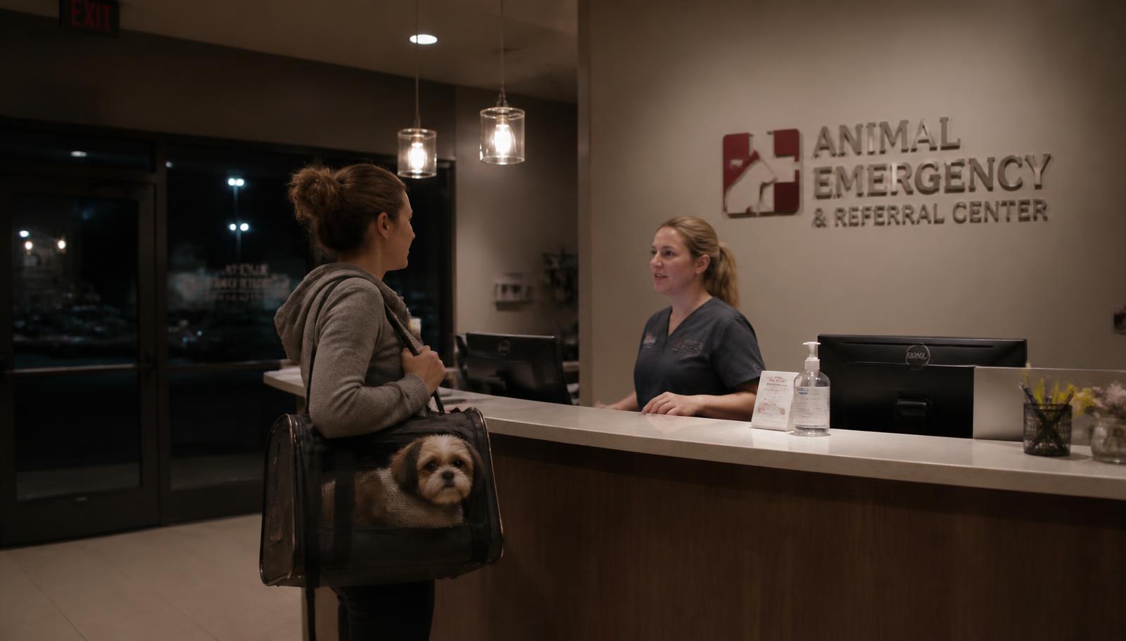 A pet owner holding a small dog in a carrier at the reception desk of a San Diego emergency animal hospital at night
