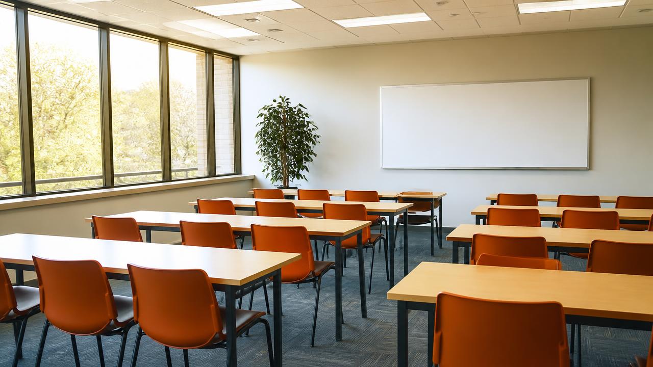 A bright adult education classroom in San Diego with rows of tables, orange chairs, and a whiteboard ready for an ESL class