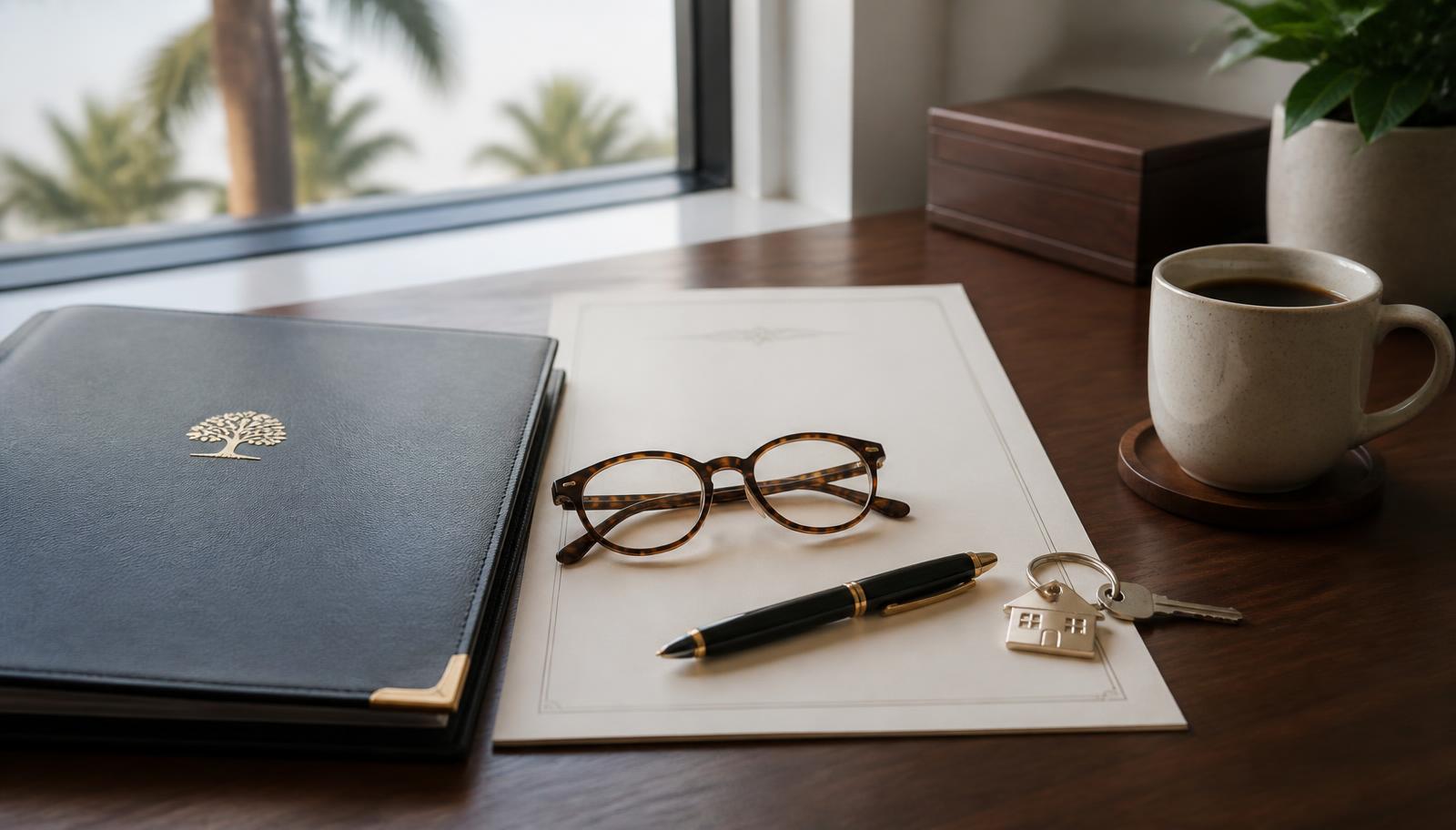 Estate planning documents, a leather trust portfolio, reading glasses, pen, and house keys on a walnut desk beside a window with palm trees in San Diego