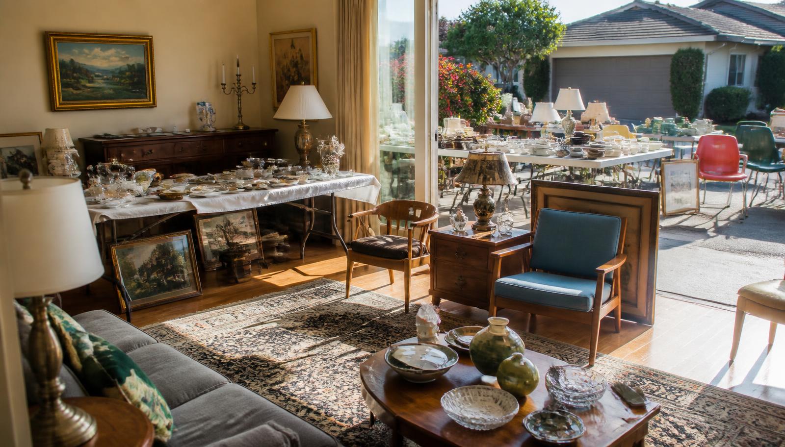 Sunlit San Diego living room set up for an estate sale with tables of china, lamps, framed art, and mid-century chairs extending into the driveway