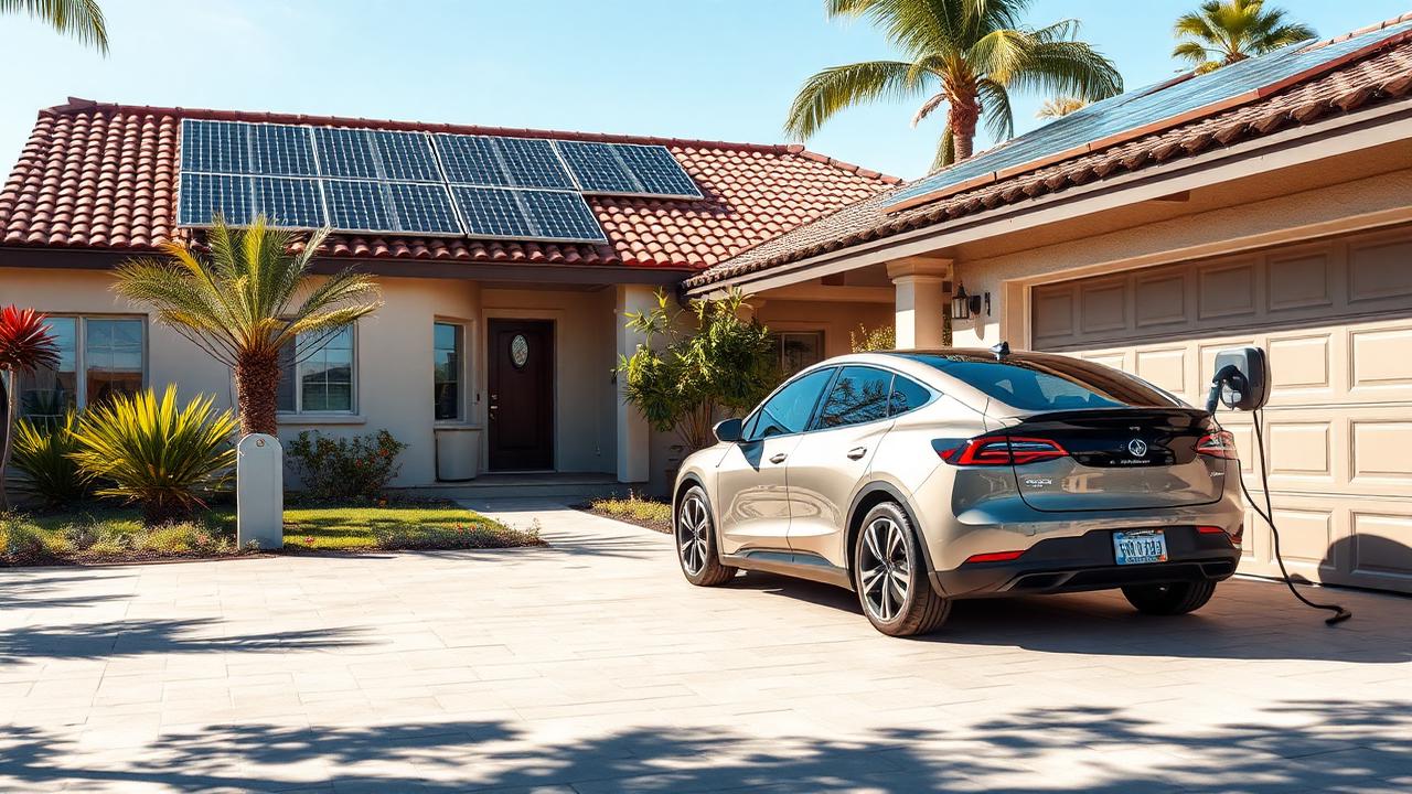 Electric car charging in the driveway of a San Diego home with rooftop solar panels and palm trees