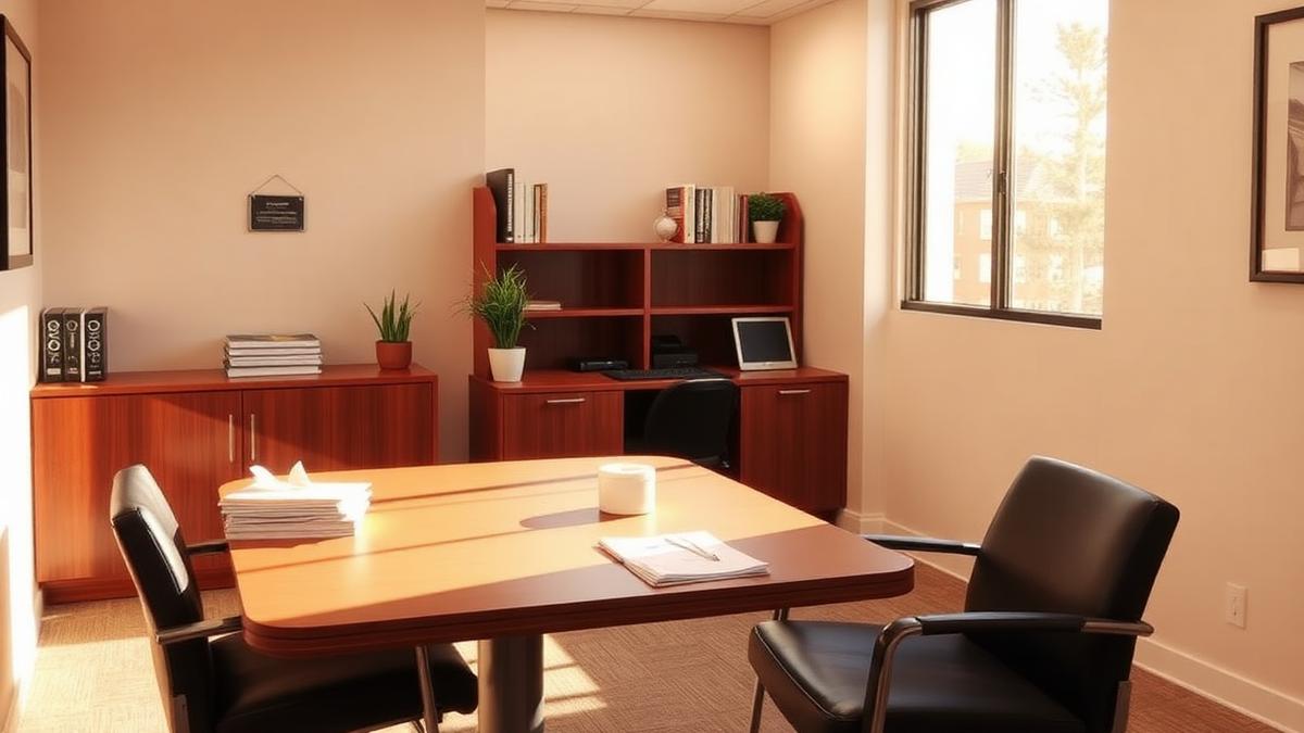 Quiet family law consultation room with a wood table, chairs and daylight through a window