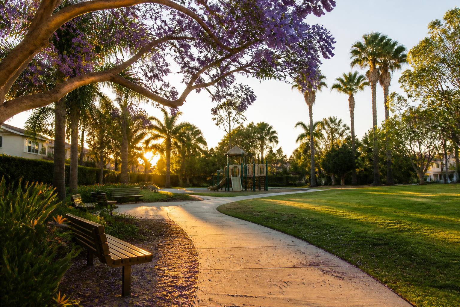 Golden-hour San Diego neighborhood park with a curving path, benches under a jacaranda tree, and a playground in the distance