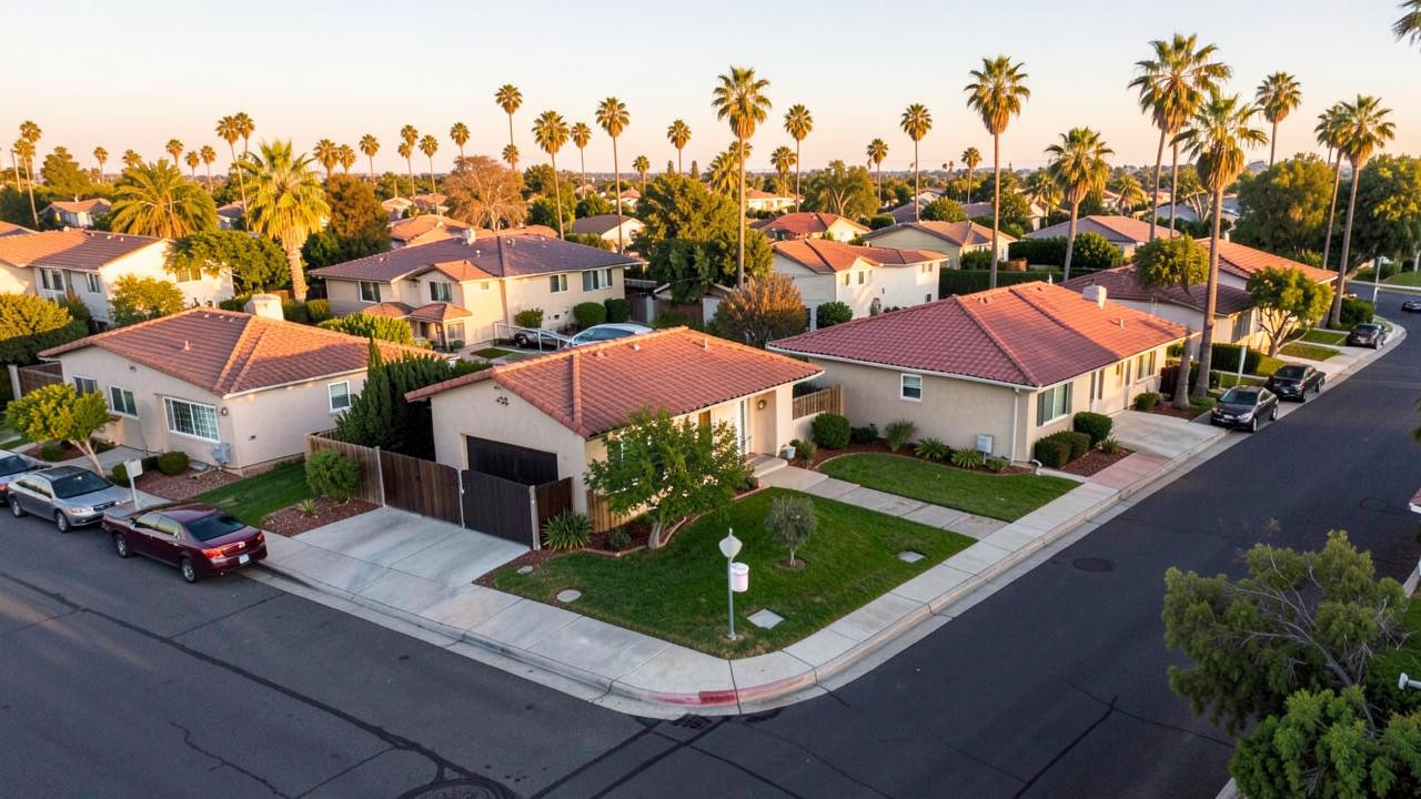 Aerial view of a San Diego family neighborhood with single-story stucco homes, tile roofs and palm-lined streets