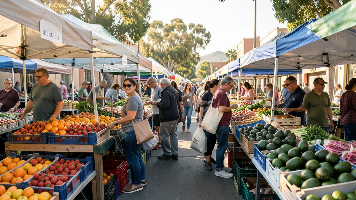 Crowded outdoor farmers market in San Diego with canopy tents, produce crates and shoppers with tote bags