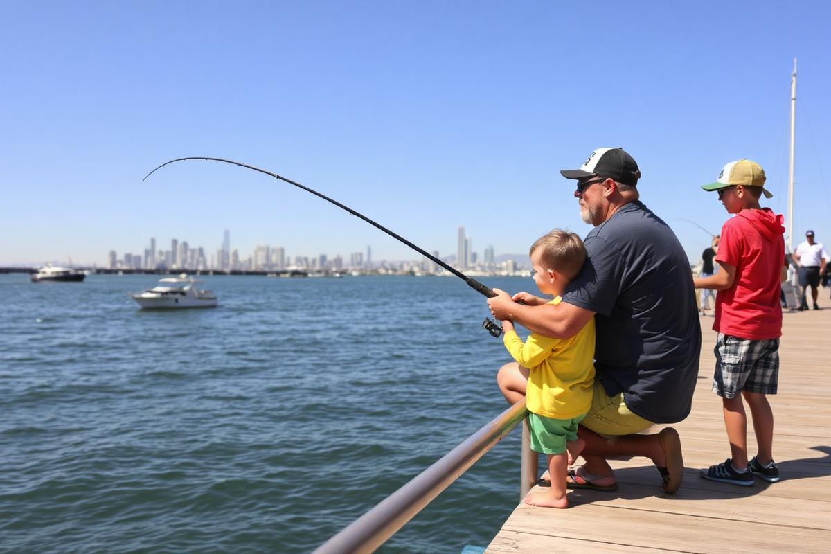 Father and kids fishing off a San Diego bay pier with the downtown skyline behind them