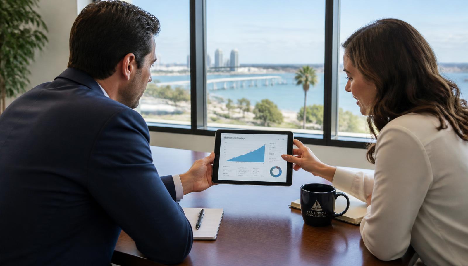 An advisor and a client reviewing retirement charts on a tablet in a bright San Diego office overlooking the bay