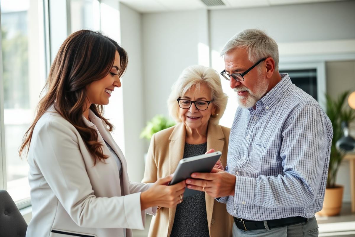 Financial advisor reviewing charts on a tablet with a retired couple in a bright modern office