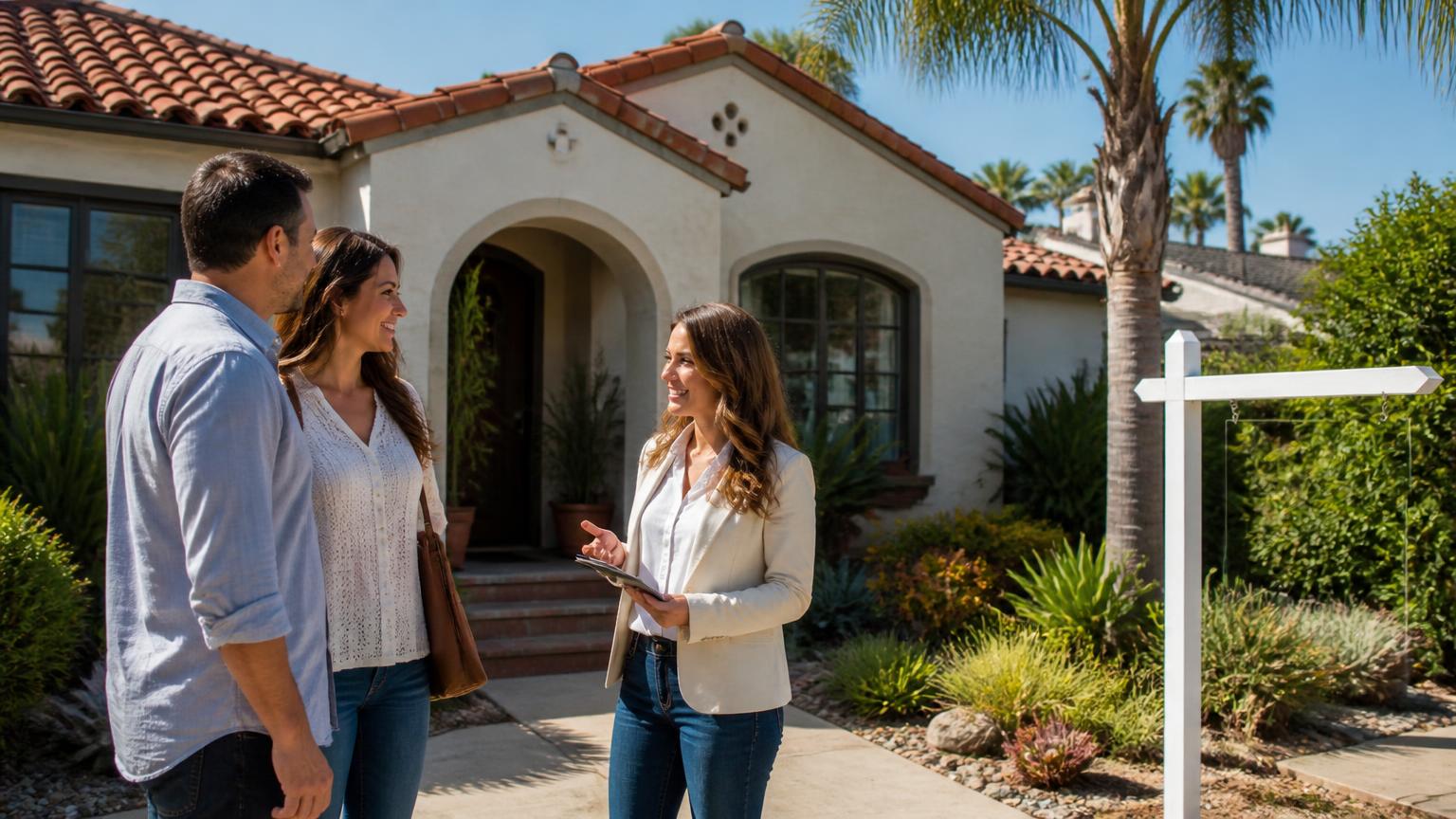 A couple talking with a real estate agent outside a Spanish-style San Diego bungalow with a for-sale sign in the yard