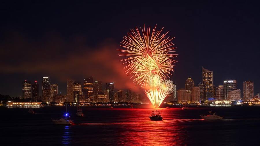 Fireworks bursting over San Diego Bay at night with the downtown skyline reflected in the water