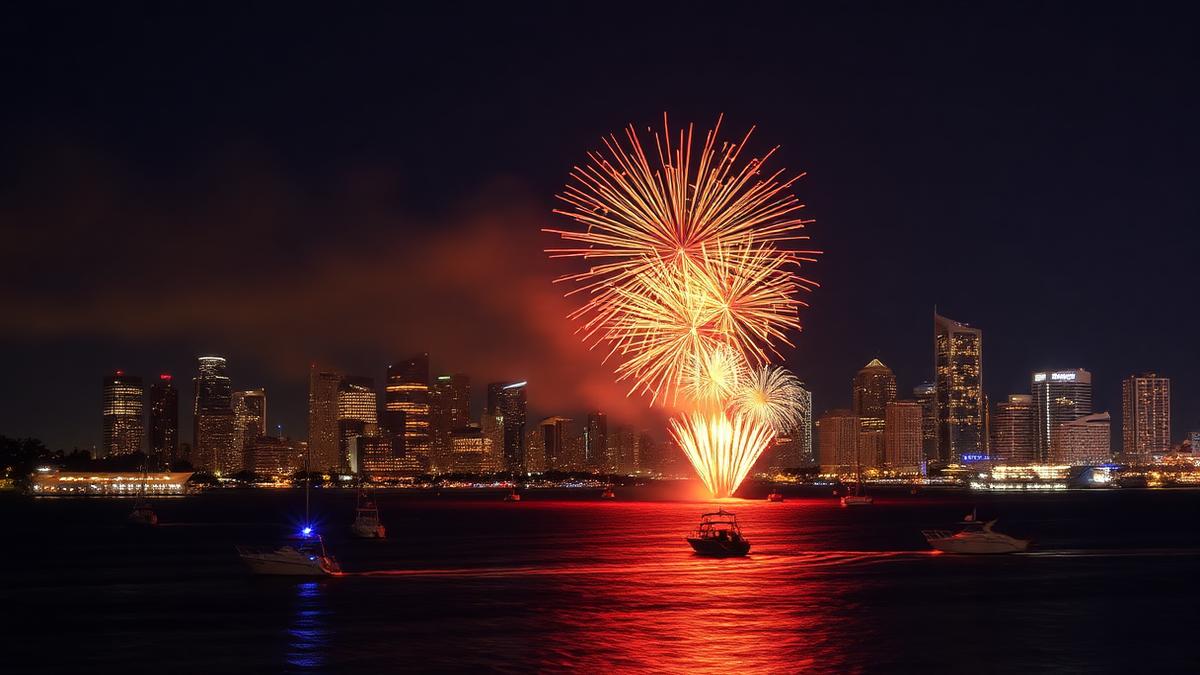 Fireworks bursting over San Diego Bay at night with the downtown skyline reflected in the water