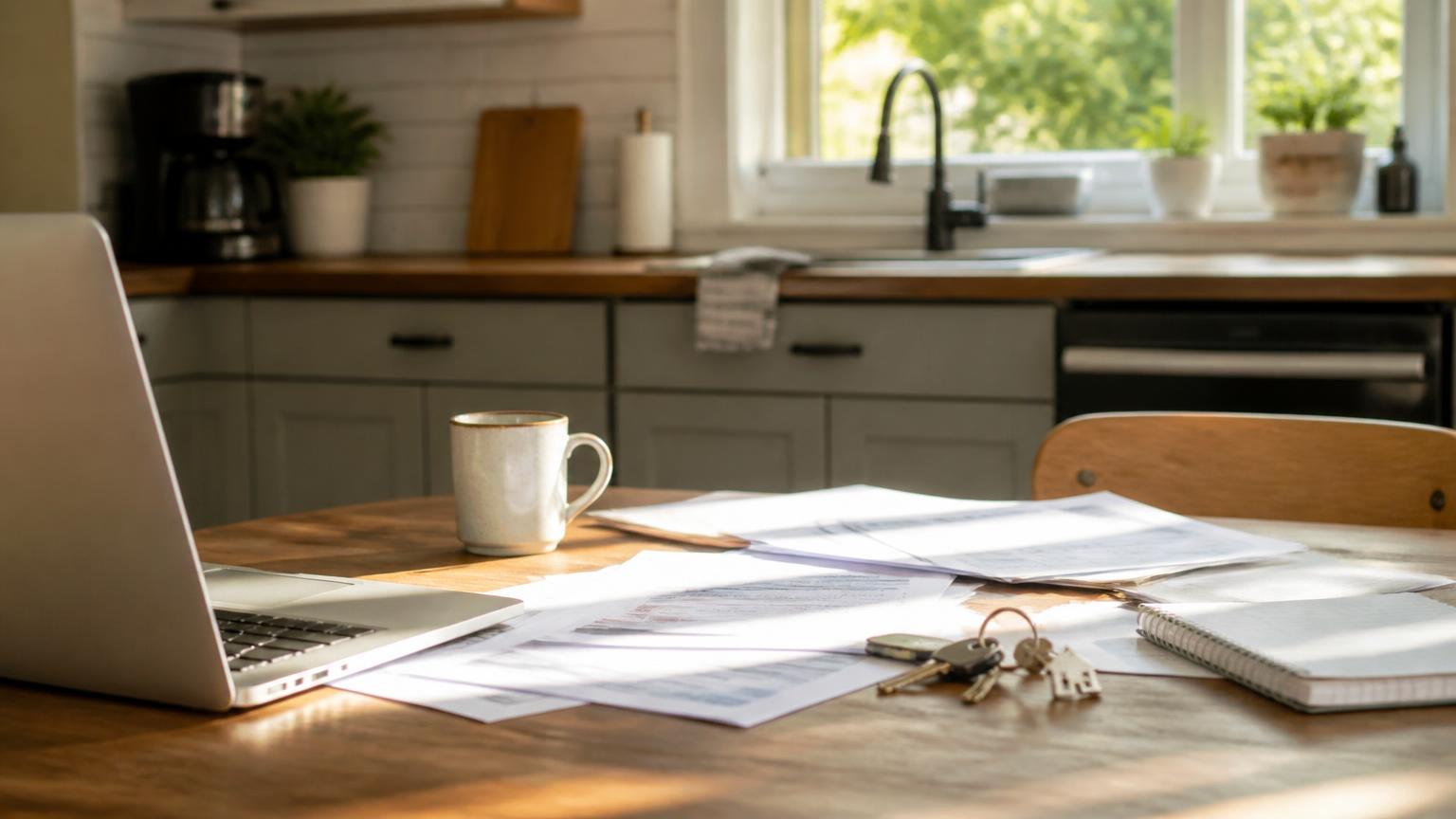 Kitchen table with a laptop, mortgage paperwork, house keys, and a coffee mug in morning light