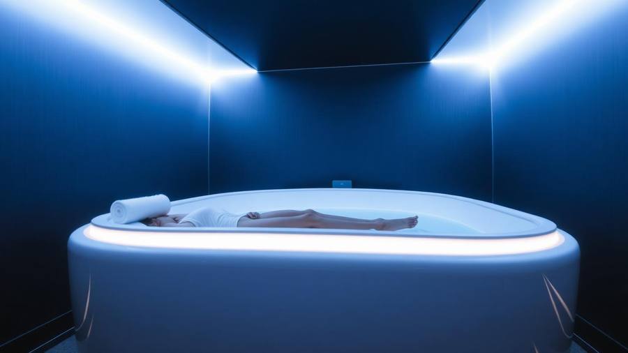 Person floating in a sensory deprivation tank with soft blue light in a San Diego float studio