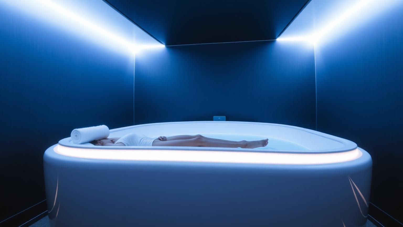 Person floating in a sensory deprivation tank with soft blue light in a San Diego float studio