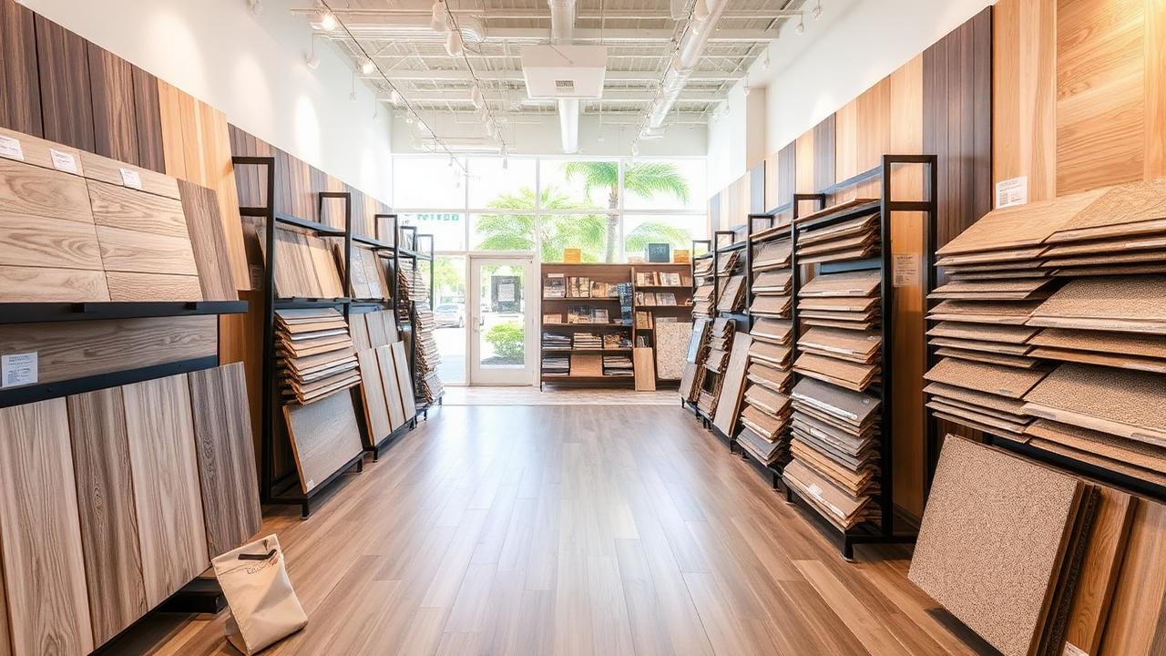 Bright San Diego flooring showroom with racks of hardwood, tile, vinyl and carpet samples